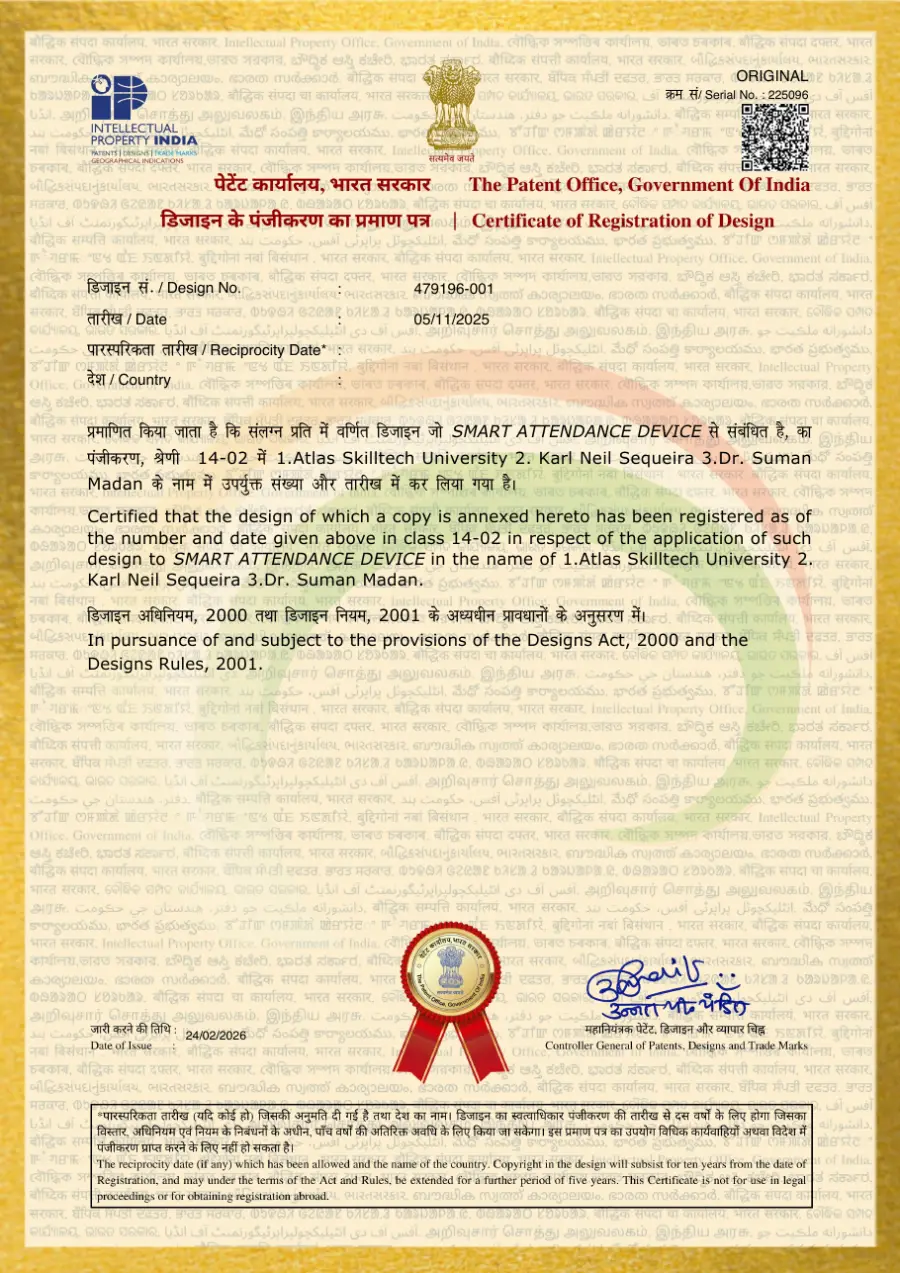 Certificate of Registration of Design No. 479196-001 for Smart Attendance Device, issued by the Patent Office, Government of India